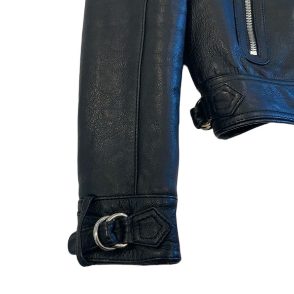 Maje Basara Leather Zip Front Shearling Collar Bomber Jacket, Size FR40 (US8) - Picture 6 of 7